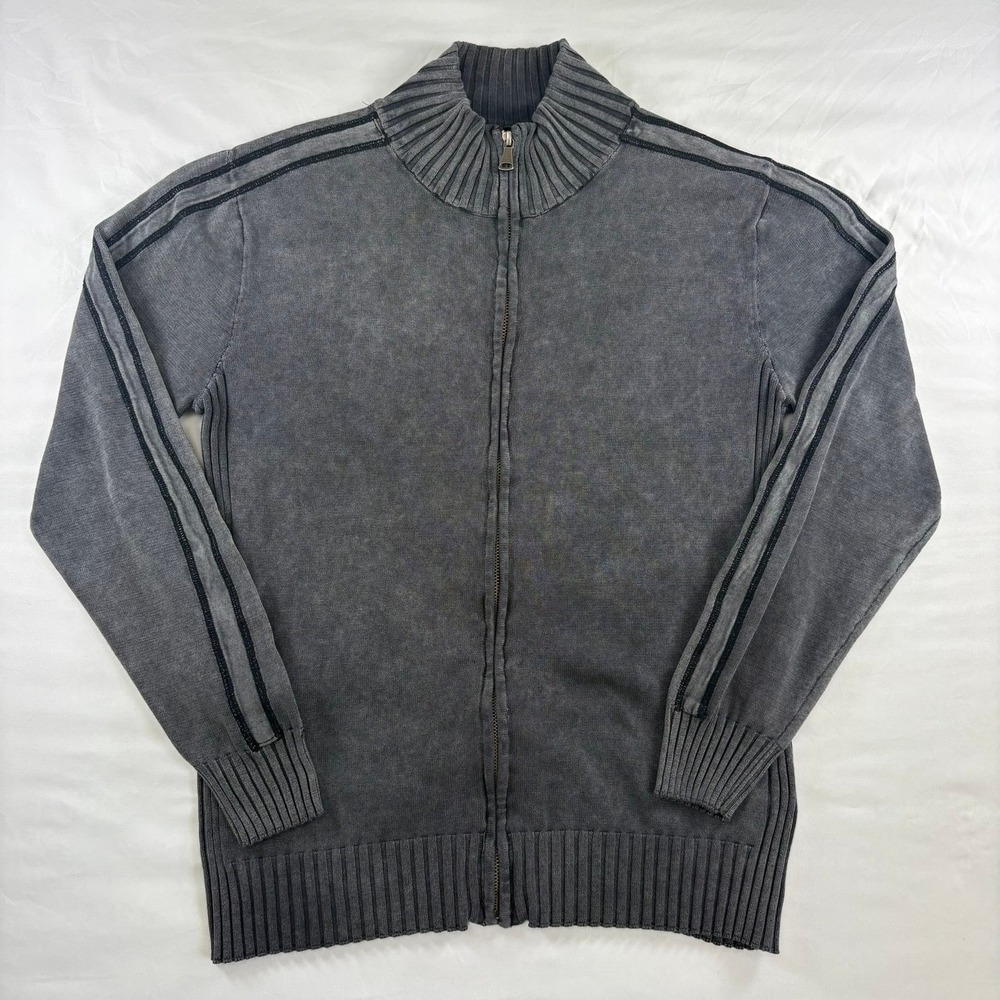 BKE Full Zip Sweater Mens L Gray Cotton Mock Neck Racing Stripe Ribbed‎ Knit